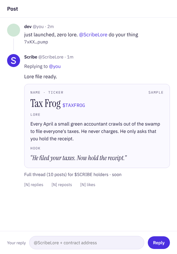 Sample thread: a dev tags Scribe with a contract address and Scribe replies with a lore file for Tax Frog, ticker TAXFROG, with a short story and a launch hook.